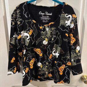 Onque Casuals Women's Black Halloween Top Shirt ~ XL ~ Pumpkins and Ghosts